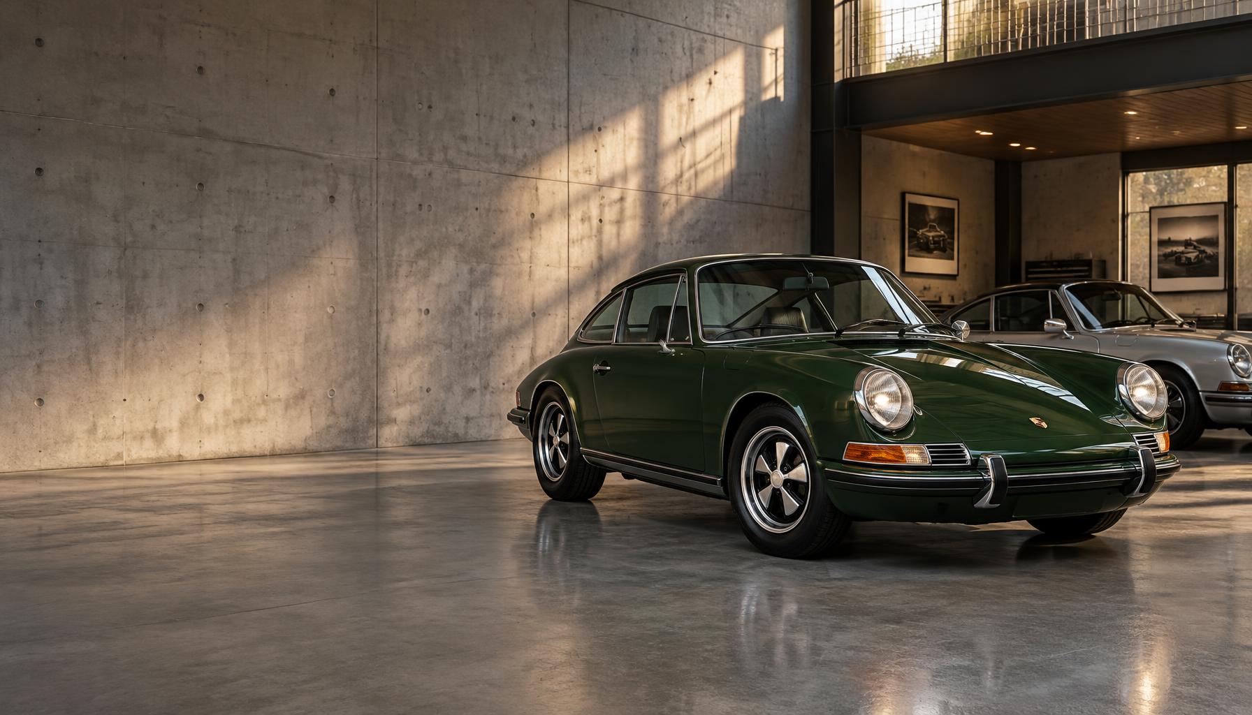 Porsche clássico verde em uma garagem de colecionador — imagem ilustrativa