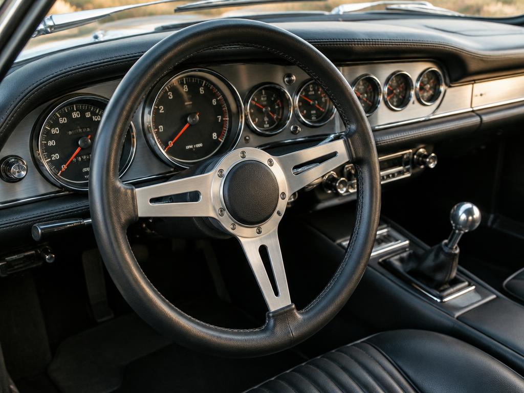 Volante e painel de um automóvel clássico